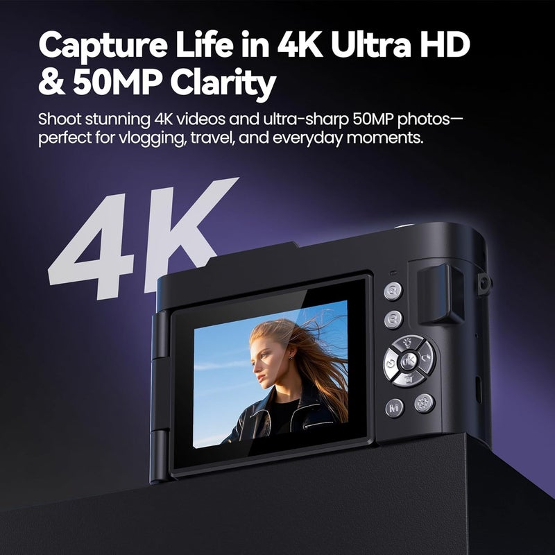 ROQIOO كاميرا رقمية 4K للتصوير الفوتوغرافي والفلوغ: كاميرات 50MP للفيديو - كاميرا تصوير 16X هدايا للمراهقين من 8-16 سنة - شاشة قابلة للتدوير 180° كاميرا مدمجة - كاميرات رقمية للتصوير الفوتوغرافي لليوتيوب - Image 2